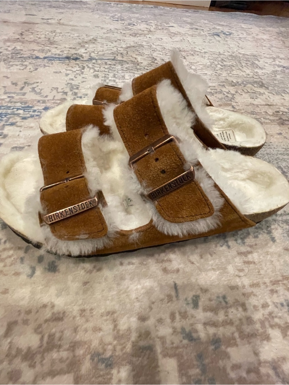 Birkenstock Arizona Shearling Sandals in Chestnut Brown and White